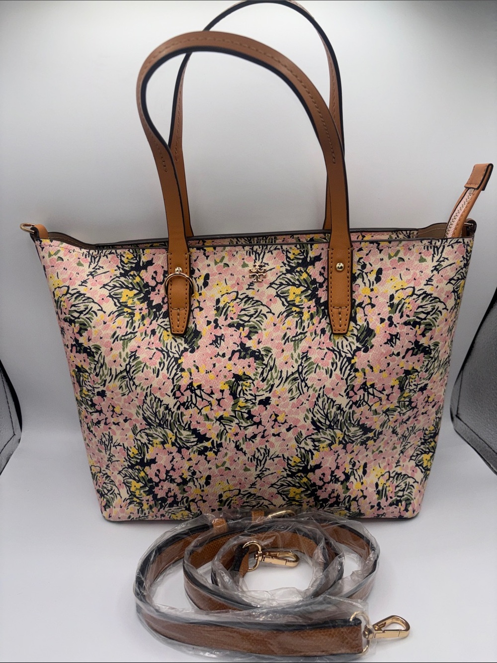 Tory Burch Pink Floral Tote with Tan Handles